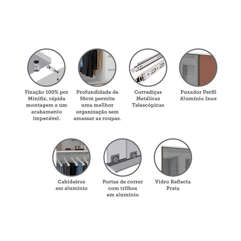 Guarda Roupa 2 Portas De Correr 159cm Prata Branco Com Gaia - 3