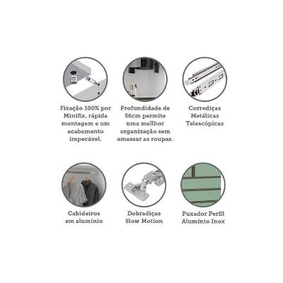 Guarda Roupa Solteiro Modulado Prime 2 Portas Bater 4 Gavetas Branco F.F. Verde Jade