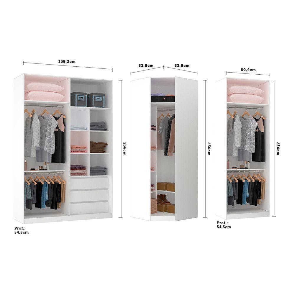 Guarda Roupa Canto 3 Gavetas, 5 Cabideiros Branco Branco - 5