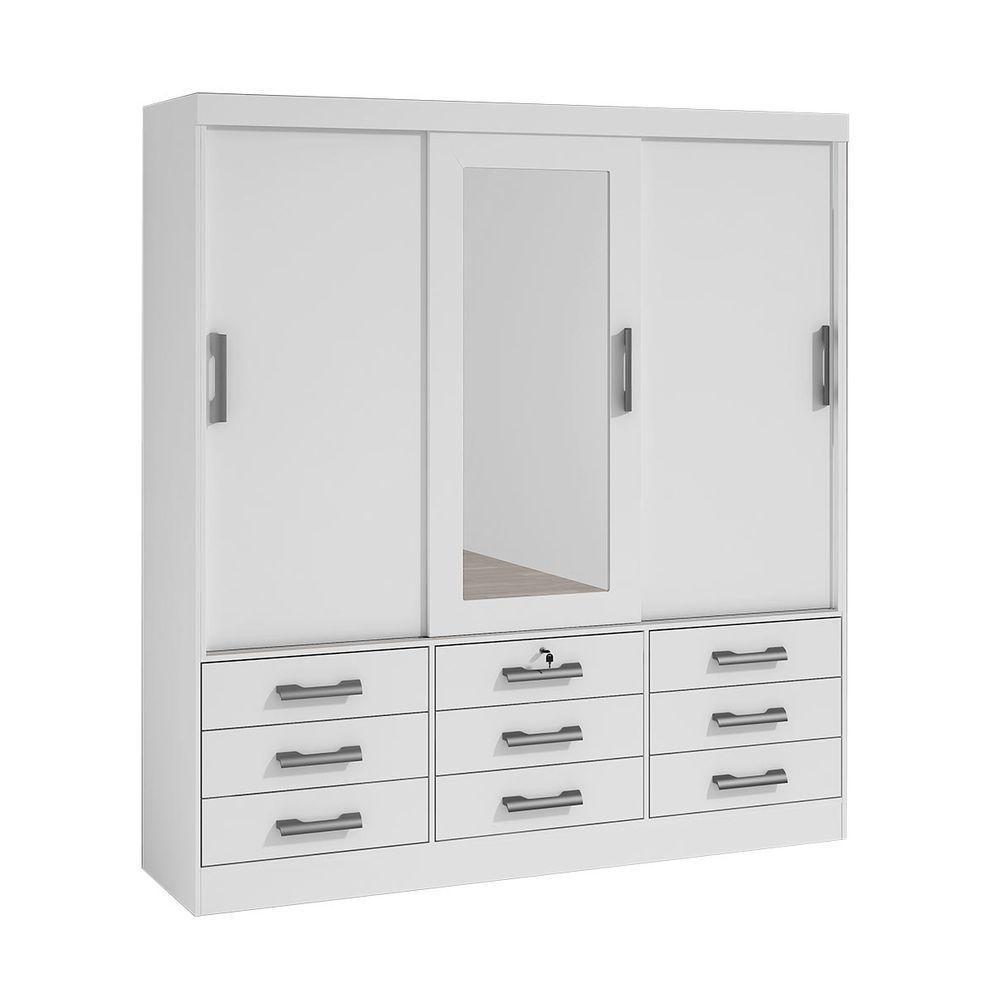 Guarda-Roupas 3 Portas 9 Gavetas Com Espelho Meridian Branco - 1