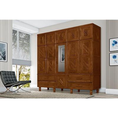 Guarda Roupa Casal Chicago 11 Portas de Bater 4 Gavetas Castanho Madeira Maciça