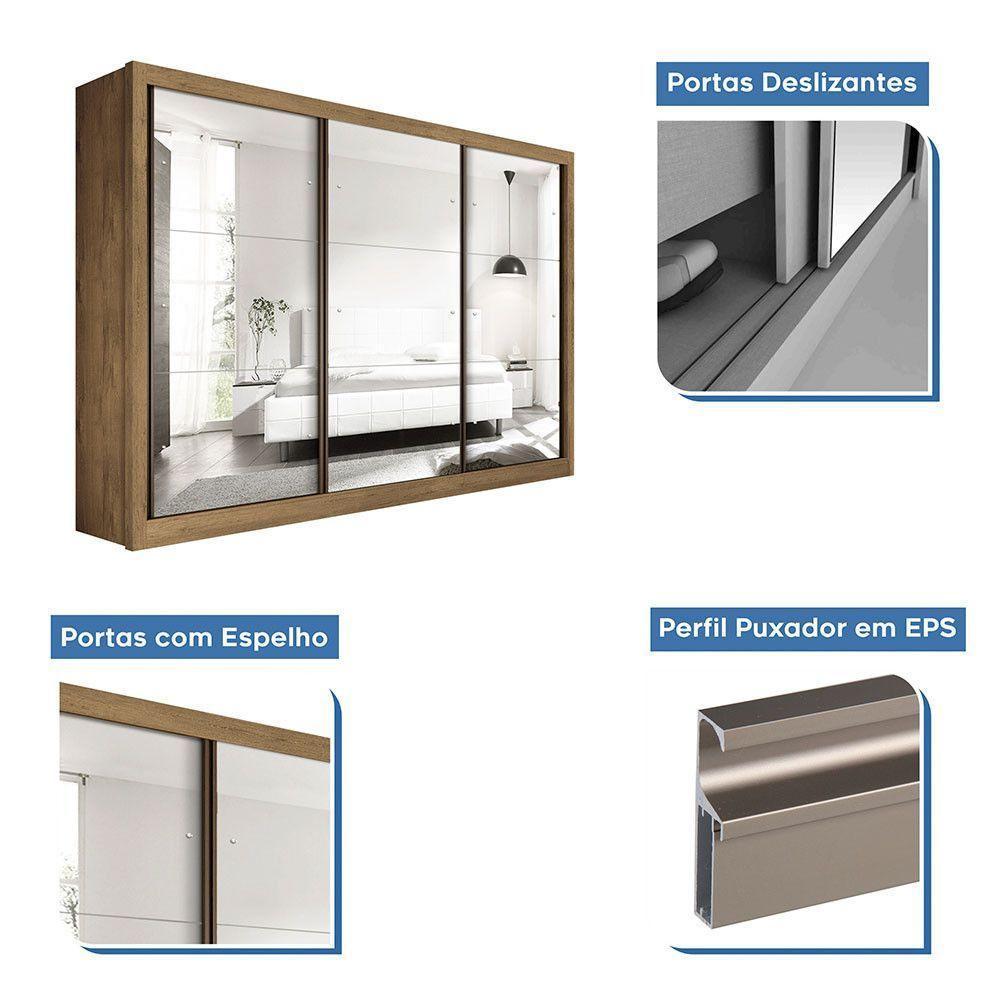 Guarda Roupa Casal Com 9 Espelhos 3 Portas Ravena Minastex Freijó - 3