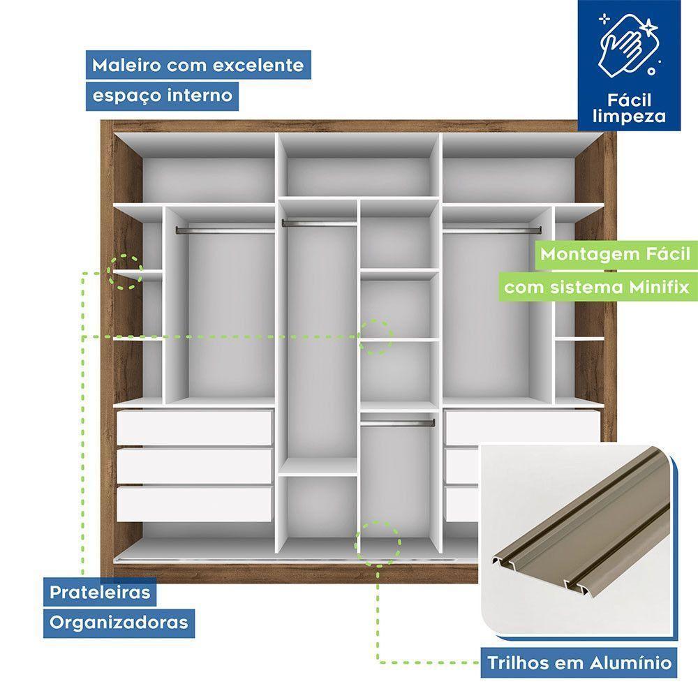 Guarda Roupa Casal Com 9 Espelhos 3 Portas Ravena Minastex Freijó - 6