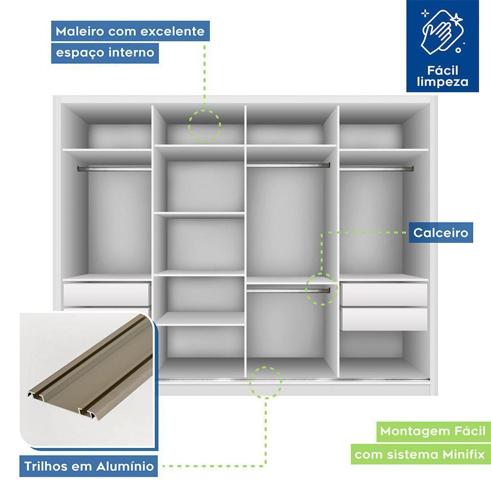 Guarda Roupa Casal Com 6 Espelhos 4 Portas Firenze Minastex Branco - 8