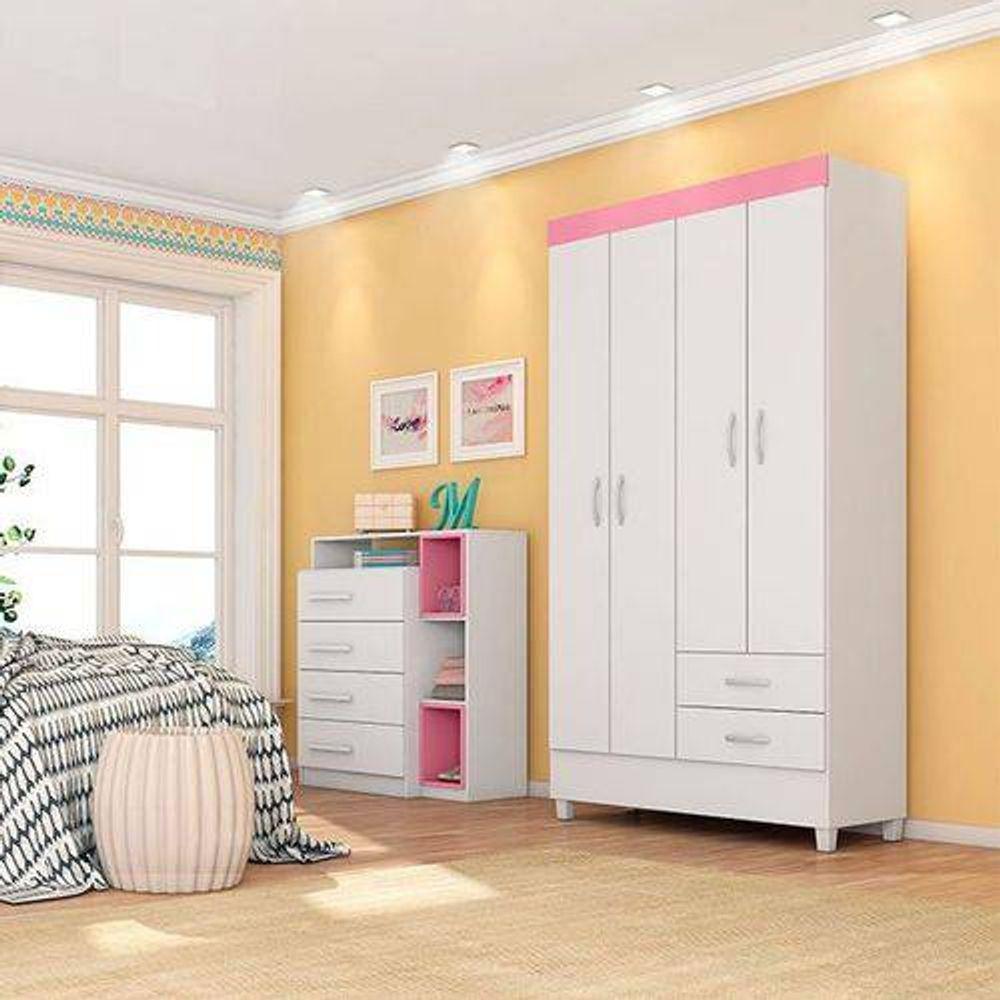 Guarda Roupa 4 Portas Astro Flex Branco Rosa Branco - 3