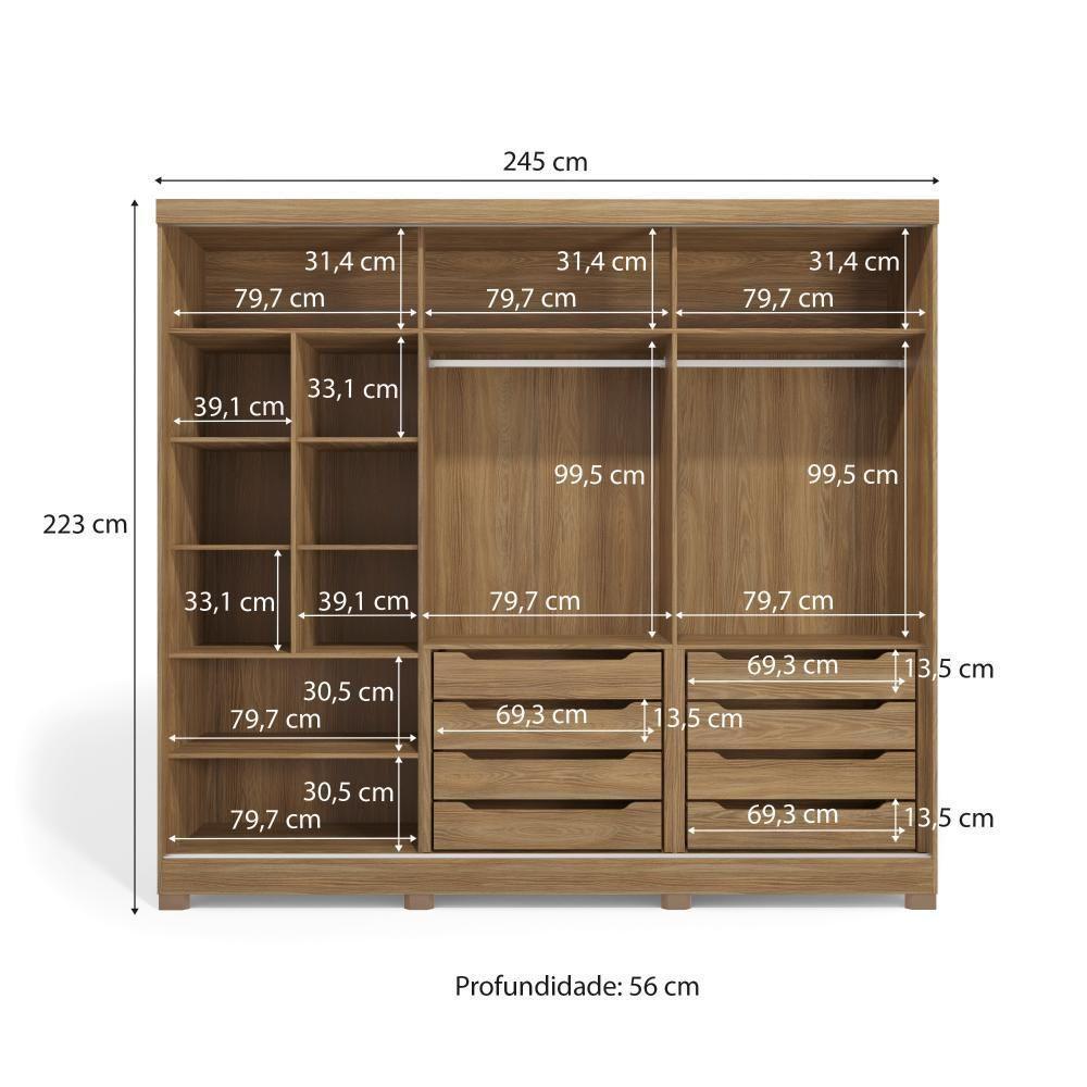 Guarda-Roupa Casal 100% Mdf Kappesberg C/Pés E 6 Espelhos 3 Portas De Correr 8 Gavetas Nogueira - 7