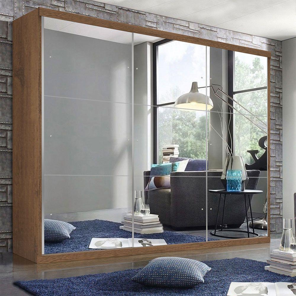 Guarda Roupa Casal 3 Portas De Correr 4 Gavetas E 9 Espelhos Rennes Minastex Freijó - 1