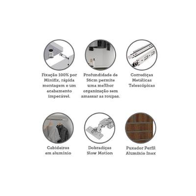 Guarda Roupa Solteiro Modulado Prime 2 Portas de Bater 4 Gavetas Branco F.F. com Nogueira