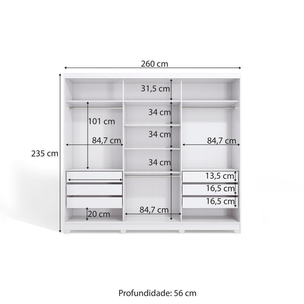 Guarda-roupa Casal 100% Mdf Kappesberg C/pés 3 Portas De Correr 6 Gavetas Branco/nogueira - 4