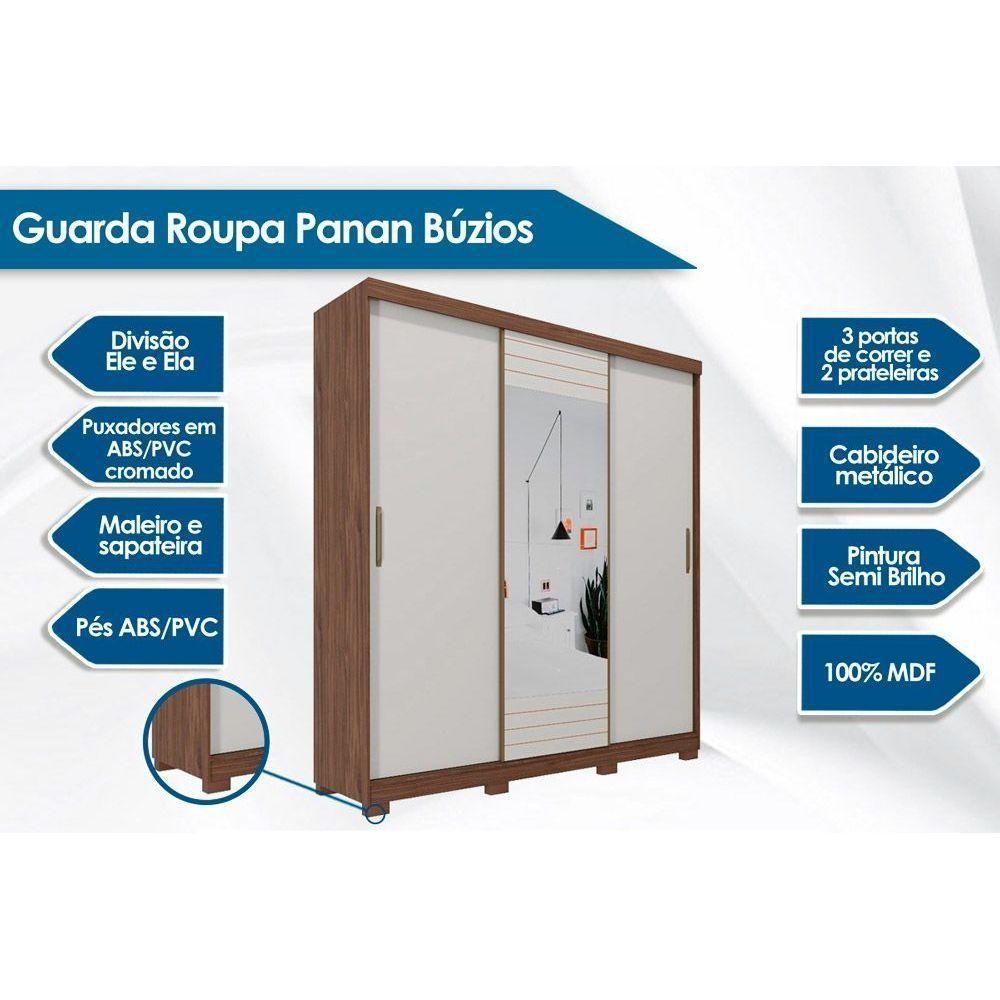 Guarda Roupas 3 Portas de Correr    e 4 Gavetas c/ Espelho Búzios Branco - Panan - 2