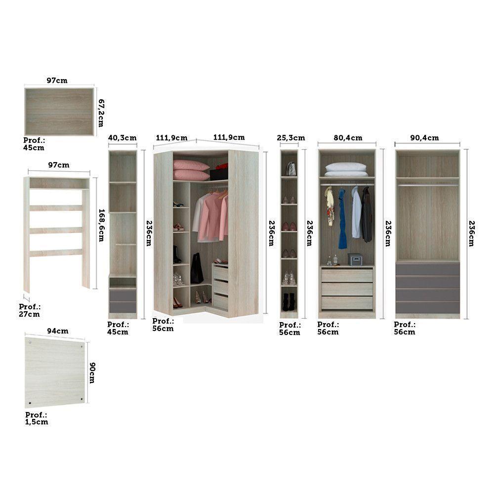 Guarda Roupa Canto Solteiro E 12 Gavetas Legno Crema C/ Cinz - 5