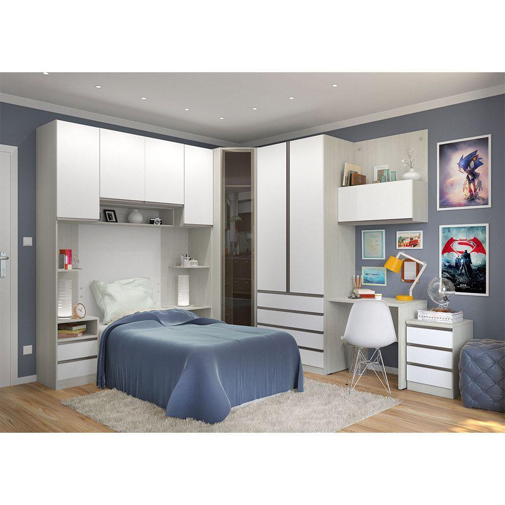 Guarda Roupa Canto Solteiro Vidro C/ Escrivaninha Legno Crem - 1