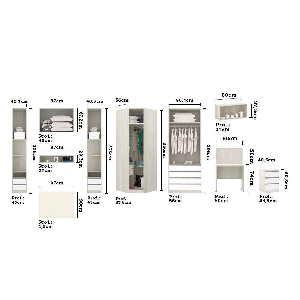 Guarda Roupa Canto Solteiro Vidro C/ Escrivaninha Legno Crem - 6