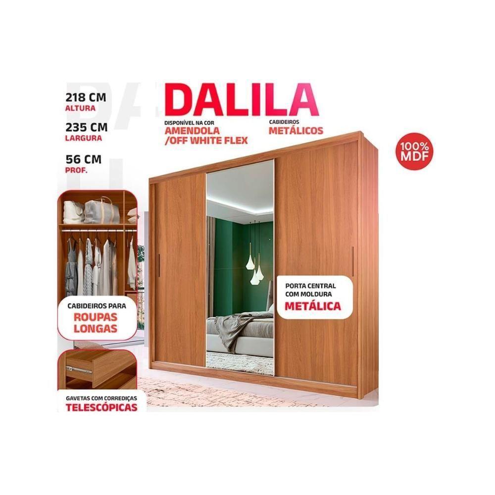 Guarda Roupa Casal 3 Portas 4 Gavetas 5 Prateleiras c/ Espelho Dalila Amêndola/Off White - Demóbile - 2