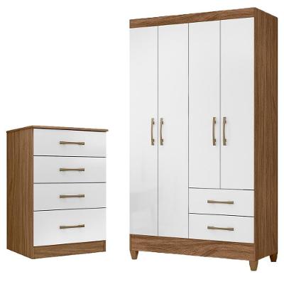 Kit Guarda Roupa Solteiro e Cômoda Chile Ms 4 Portas de Bater 6 Gavetas MDP Naturale e Branco