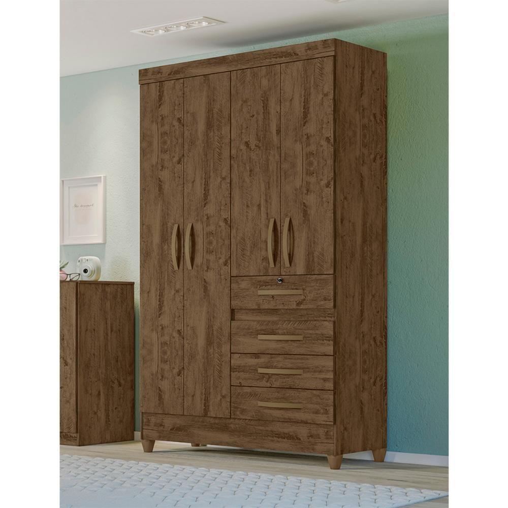 Guarda Roupa Solteiro 4 Portas 4 Gavetas Sobral - Castanho Wood Castanho Wood - 1
