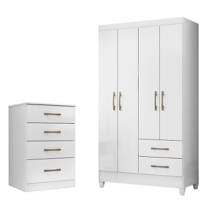 Kit Guarda Roupa Solteiro e Cômoda Chile Ms 4 Portas de Bater 2 Gavetas em MDP Naturale e Branco