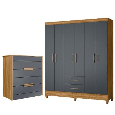 Kit Guarda Roupa Casal Panamá 6 Portas de Bater 2 Gavetas Freijó - Cinza MDP