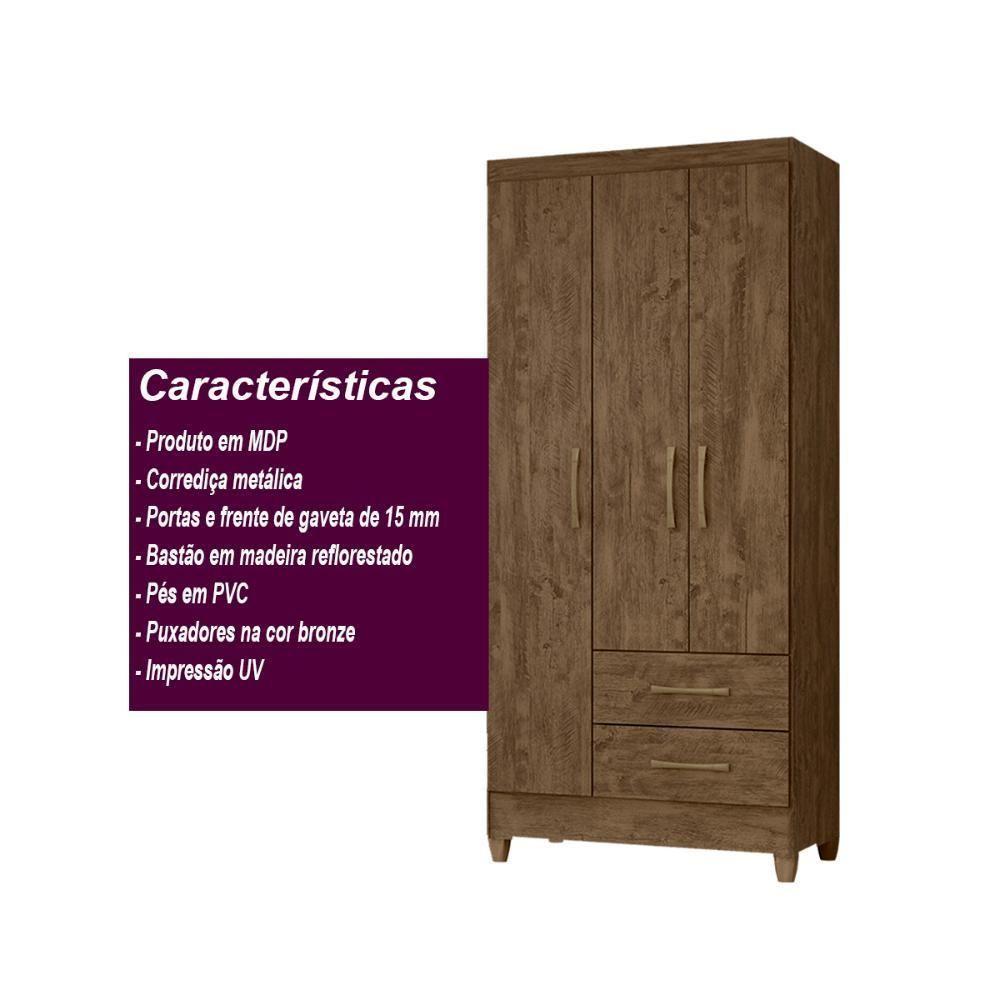 Guarda Roupa Solteiro 3 Portas 2 Gavetas Lima - Castanho Wood Castanho Wood - 7