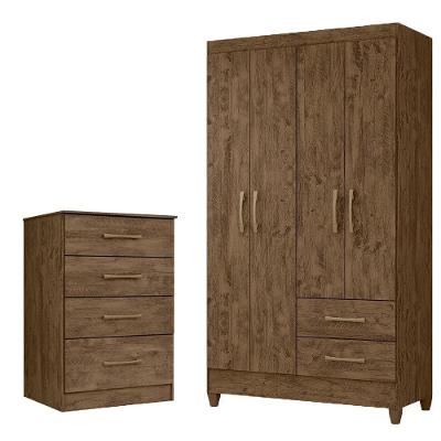 Kit Guarda Roupa Solteiro Chile 4 Portas de Bater 2 Gavetas Castanho Wood e Cômoda