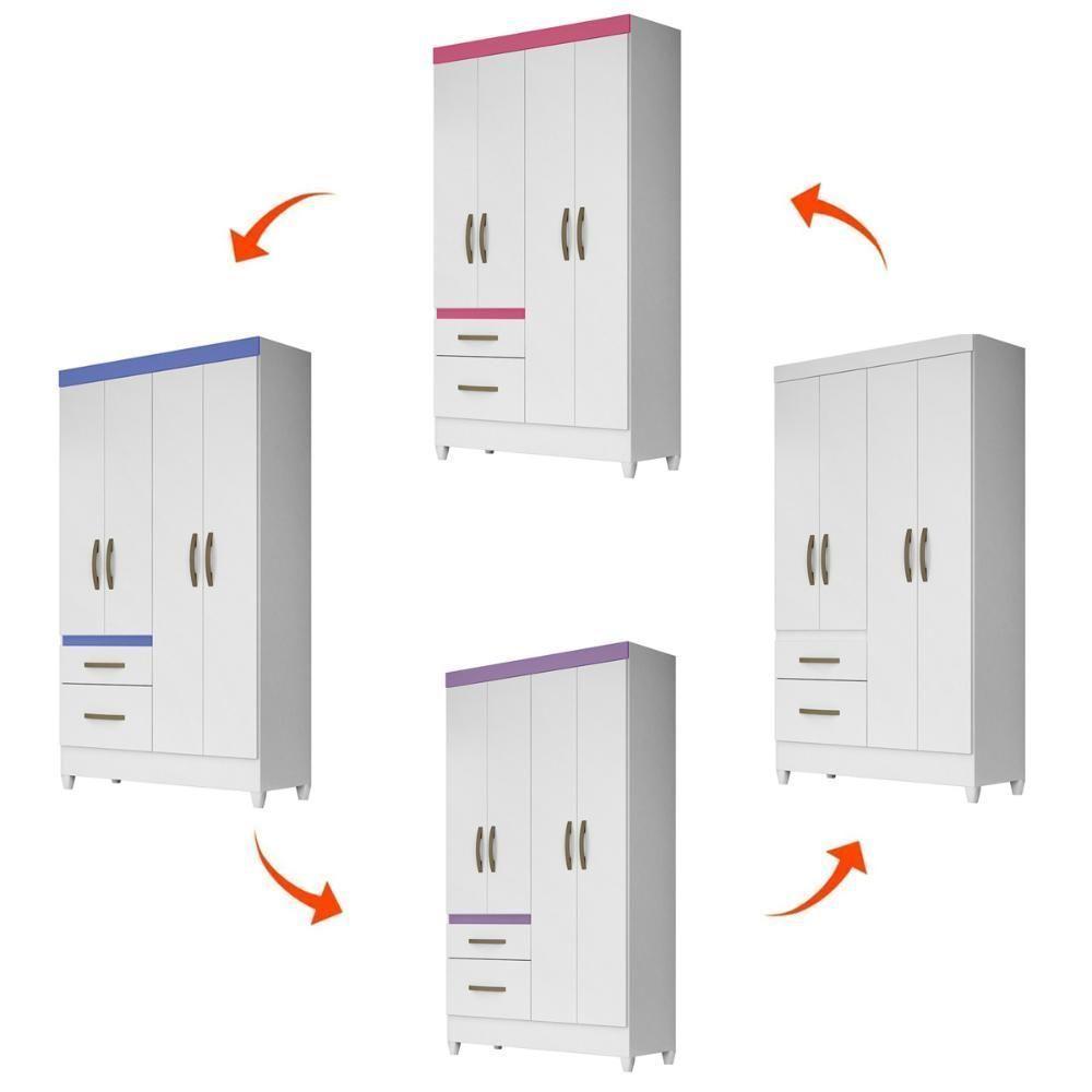 Guarda Roupa Solteiro 4 Portas 2 Gavetas Madri - Branco / Rosa / Azul / Lilas Flex Branco - 8