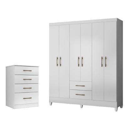 Kit Guarda Roupa Casal e Cômoda Panamá Ms 6 Portas de Bater 2 Gavetas MDP Branco