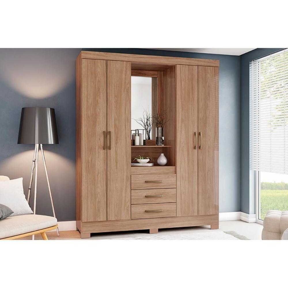 Guarda Roupa 4 Portas e 3 Gavetas c/ Espelho Briz B24 Jequitibá Brilho - Henn - 1