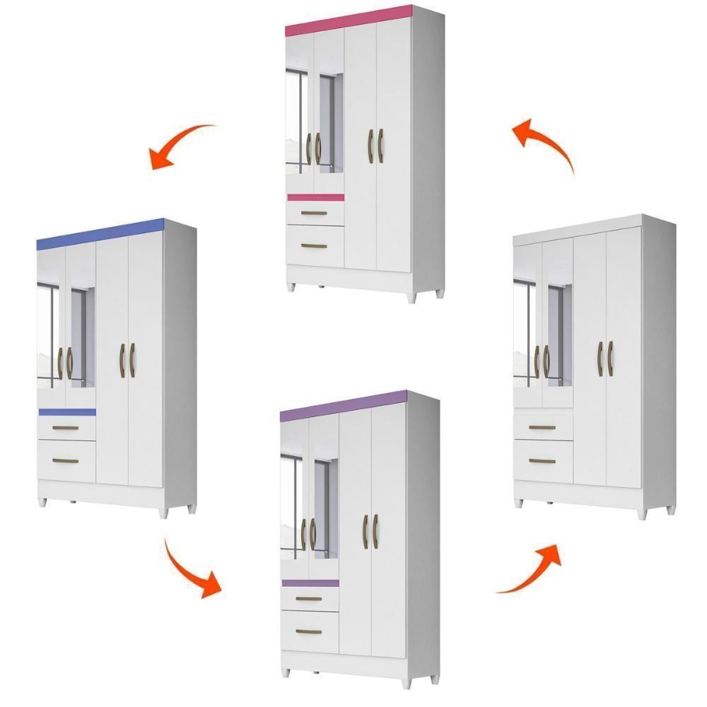 Guarda Roupa Solteiro 4 Portas Com Espelho 2 Gavetas- Branco / Rosa / Azul / Lilas Flex Branco - 7
