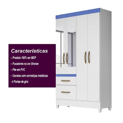Guarda Roupa Solteiro Madri 4 Portas de Bater 2 Gavetas Branco-Rosa-Azul-Lilas Flex