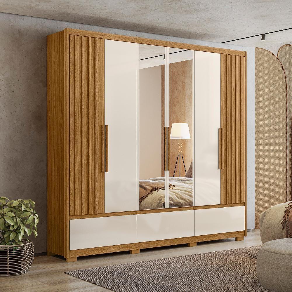 Guarda Roupa Casal 6 Portas Com Espelho 3 Gavetas Freijó / Off White Amazonas - Moval - 5