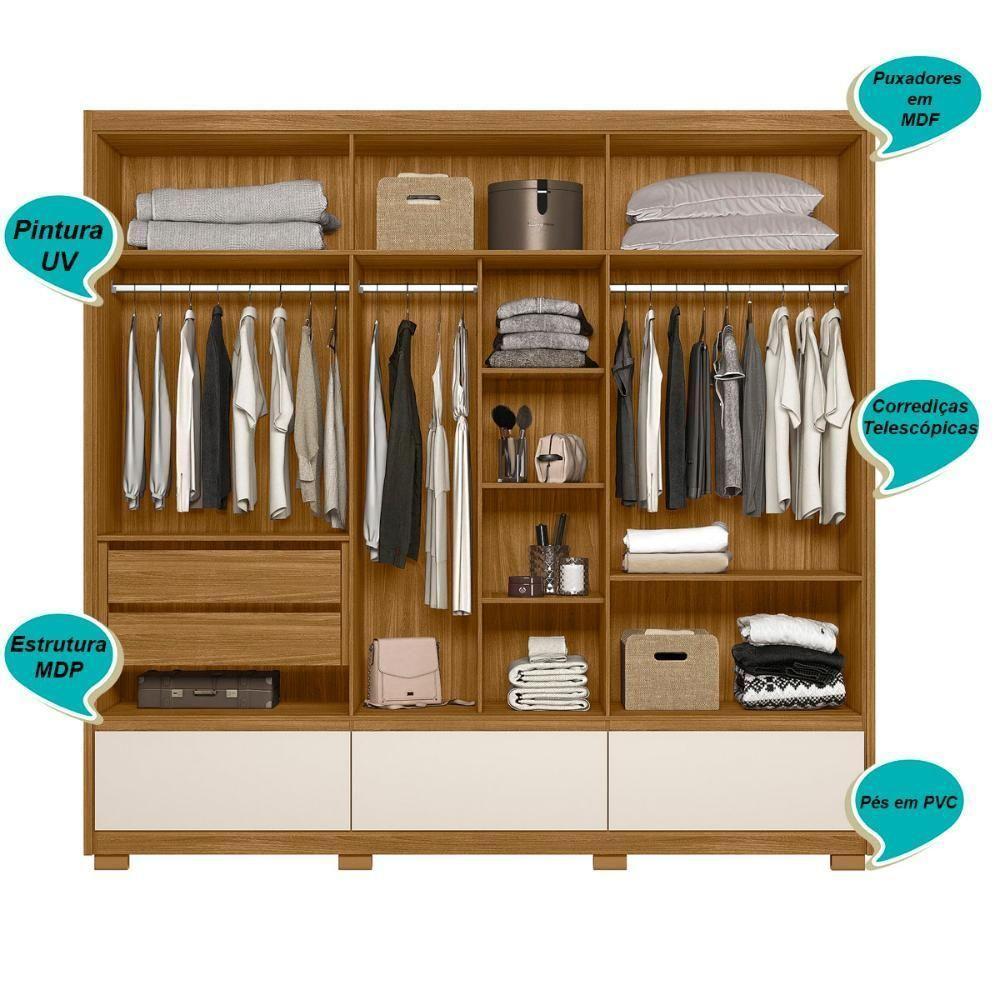 Guarda Roupa Casal 6 Portas Com Espelho 3 Gavetas Freijó / Off White Amazonas - Moval - 7