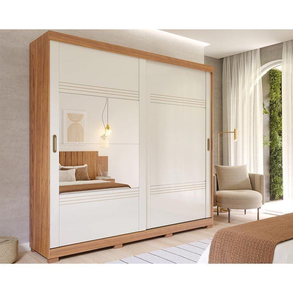 Guarda Roupa 2 Portas de Correr e 4 Gavetas c/ 1 Espelho Blumenau Cinamomo/Off White - Panan - 1