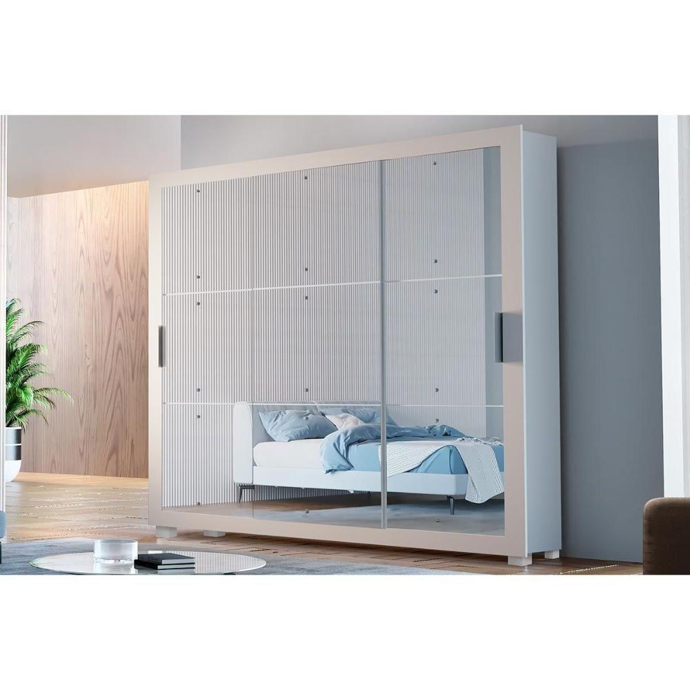 Guarda Roupa 3 Portas De Correr E 4 Gavetas C- Espelho E Pés Veneza Gold Branco - Rufato - 1