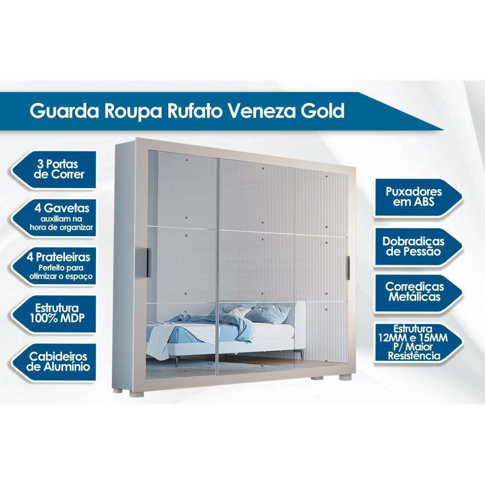 Guarda Roupa 3 Portas De Correr E 4 Gavetas C- Espelho E Pés Veneza Gold Branco - Rufato - 2