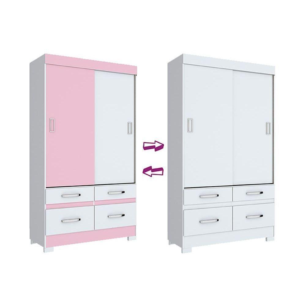 Guarda Roupas 2 Portas de Correr  e 4 Gavetas Briz BE25 Branco/Rosa - Henn - 2