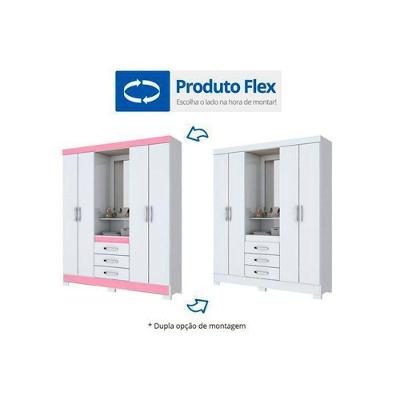 Guarda Roupa Solteiro Briz B24 4 Portas Bater 3 Gavetas Branco-Rosa Blush Henn