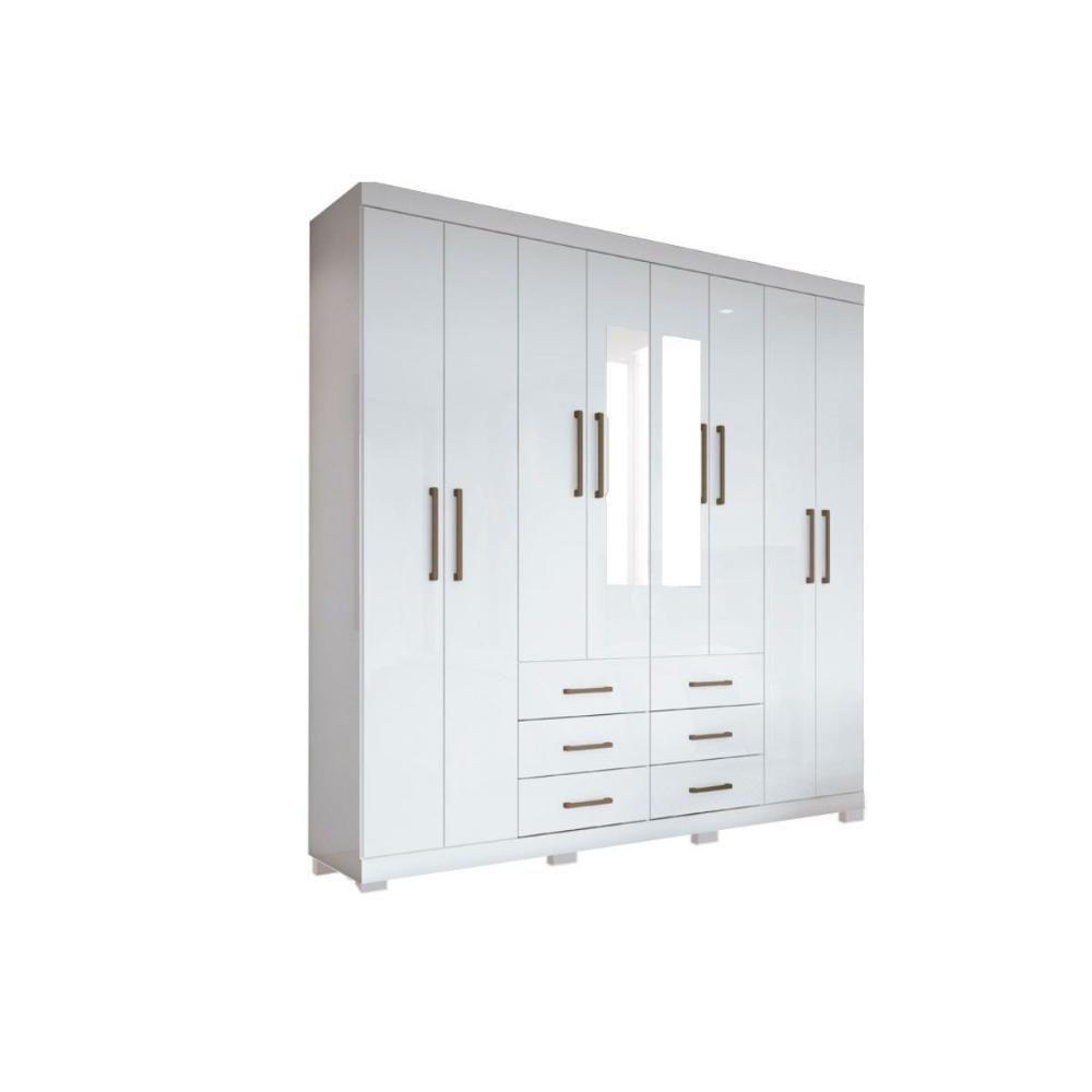 Guarda Roupa 8 Portas  e 6 Gavetas c/ Espelho e Pés Liverpool Branco - Santos Andirá - 1