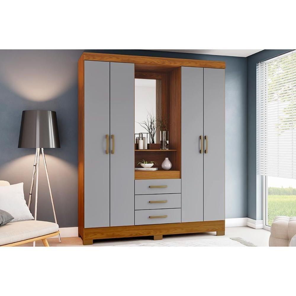 Guarda Roupa 4 Portas  e 3 Gavetas c/ Espelho Briz B24 Nature/Cinza - Henn - 1