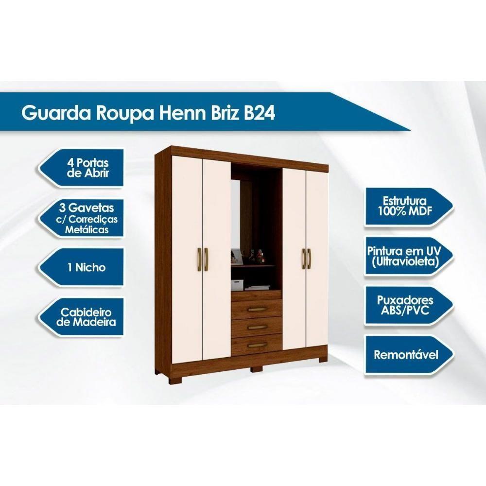 Guarda Roupa 4 Portas  e 3 Gavetas c/ Espelho Briz B24 Branco/Rosa - Henn - 5
