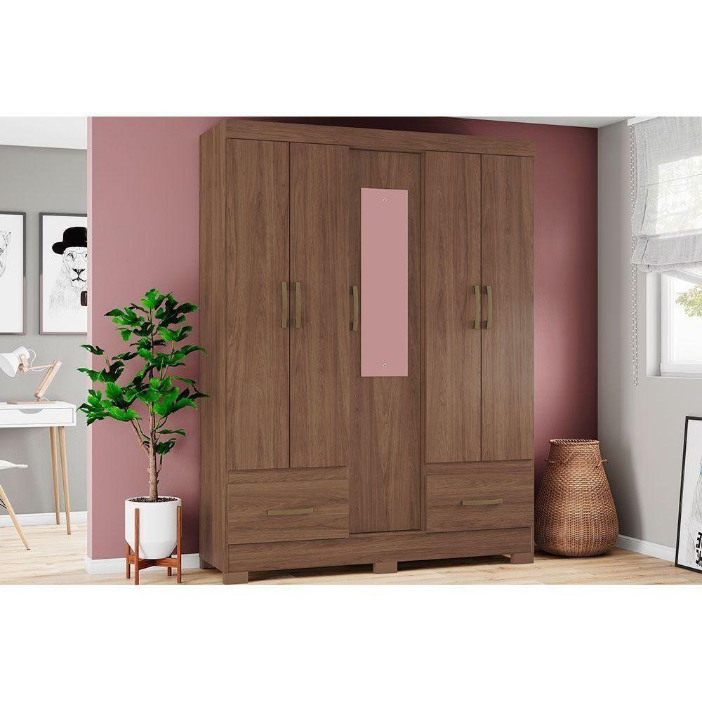 Guarda Roupa 5 Portas  e 2 Gavetas c/ Espelho Briz B60 Castanho - Henn - 1