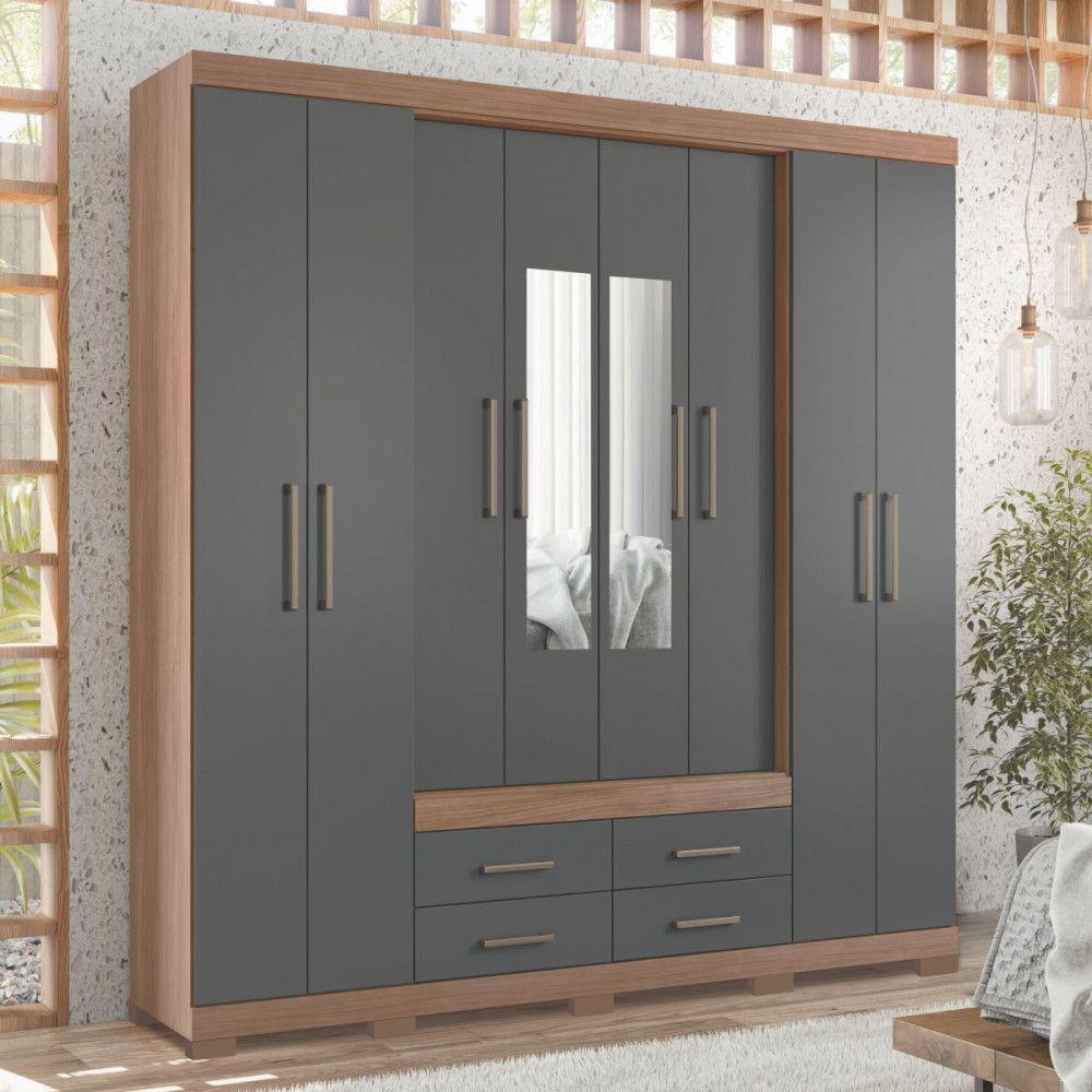 Guarda Roupa Casal Napoles 8 Portas 4 Gavetas Jatoba Grafite Com Espelho Santos Andirá Jatoba - Grafite - 1