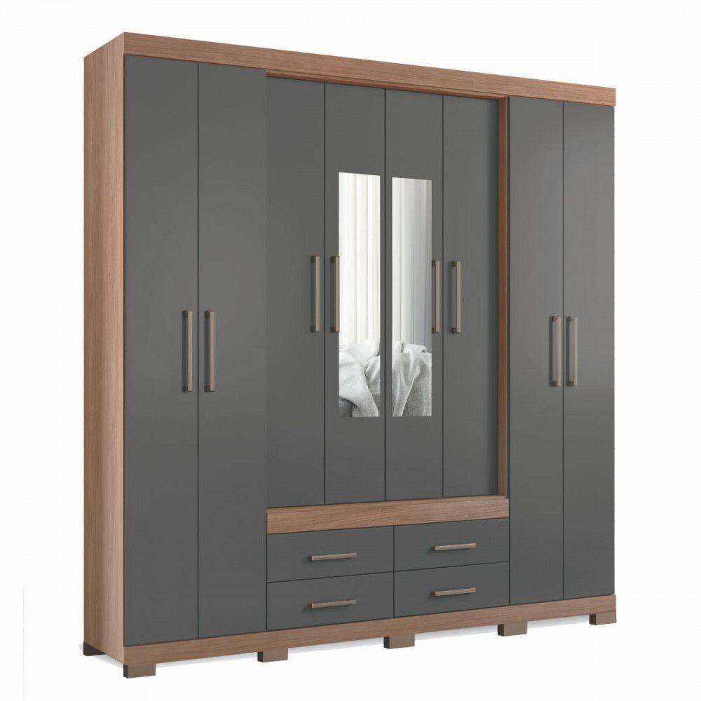 Guarda Roupa Casal Napoles 8 Portas 4 Gavetas Jatoba Grafite Com Espelho Santos Andirá Jatoba - Grafite - 2
