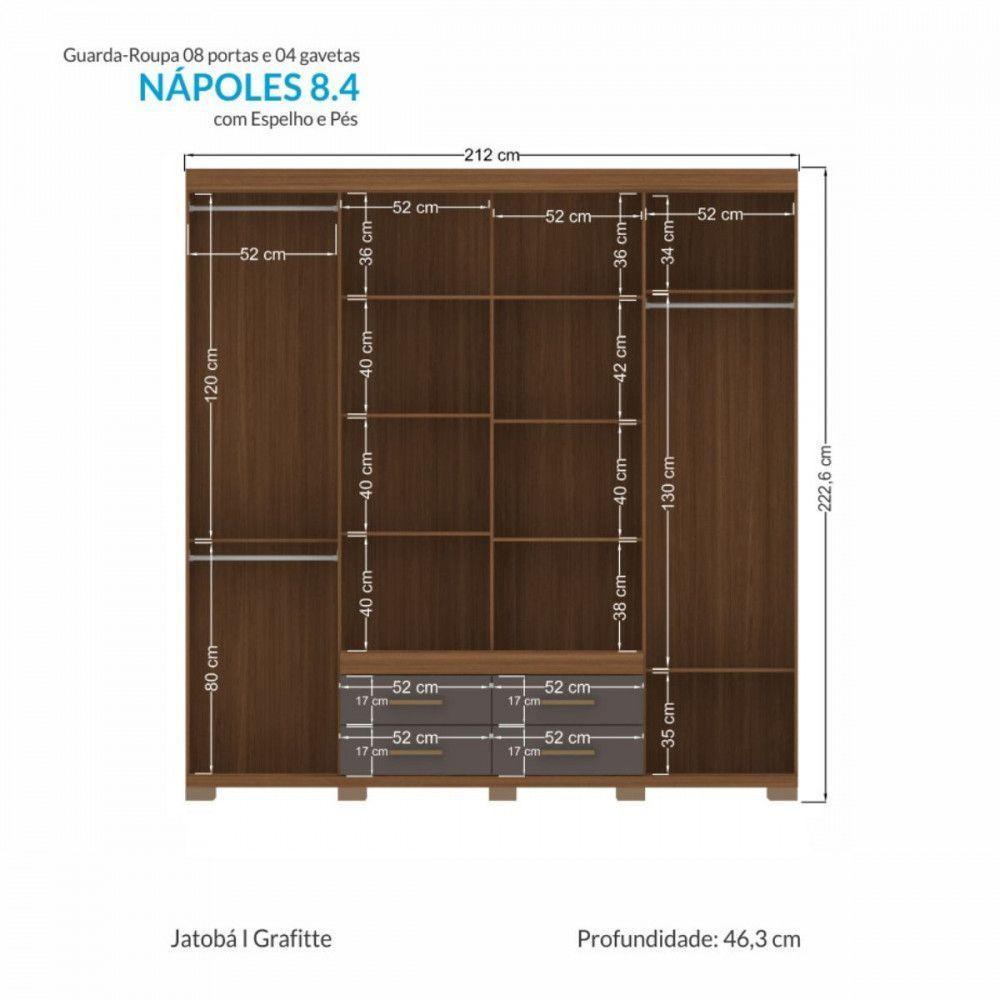 Guarda Roupa Casal Napoles 8 Portas 4 Gavetas Jatoba Grafite Com Espelho Santos Andirá Jatoba - Grafite - 3