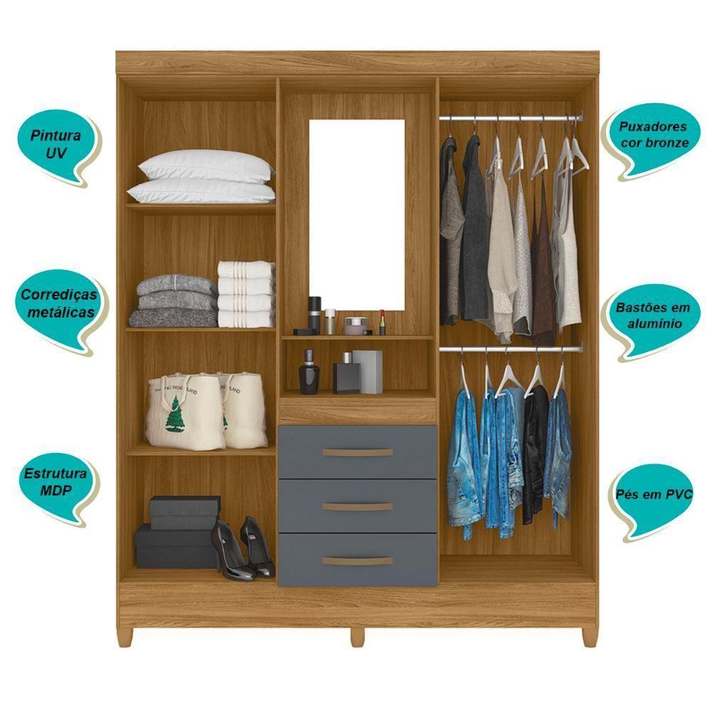 Guarda Roupa Casal 4 Portas Com Espelho 3 Gavetas Capri - Freijo / Cinza Freijo / Cinza - 6