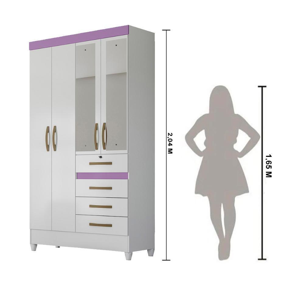 Guarda Roupa Solteiro 4 Portas Com Espelho 4 Gavetas Branco / Rosa / Azul / Lilas Flex Sobral - 2