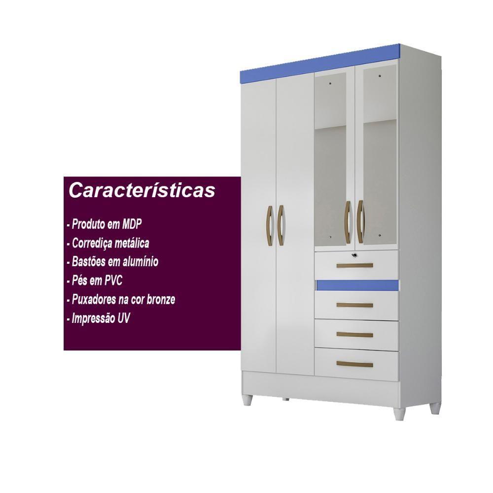 Guarda Roupa Solteiro 4 Portas Com Espelho 4 Gavetas Branco / Rosa / Azul / Lilas Flex Sobral - 8