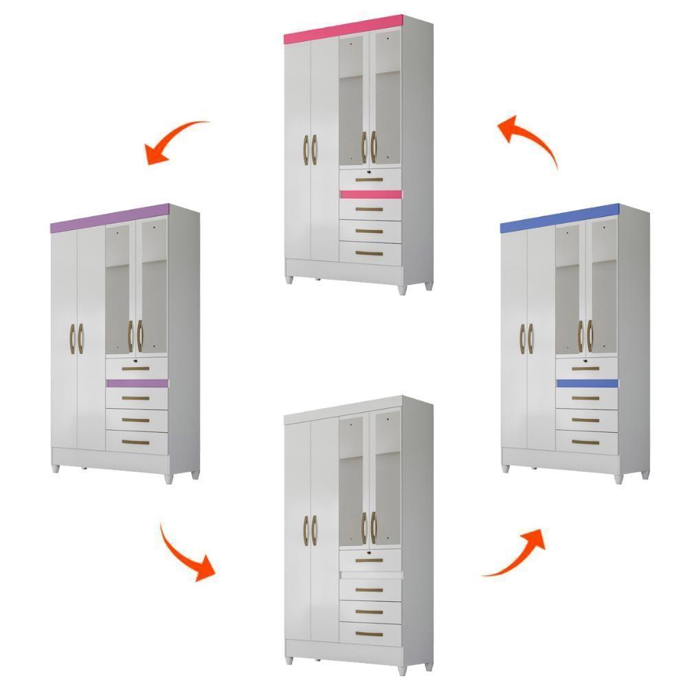 Guarda Roupa Solteiro 4 Portas Com Espelho 4 Gavetas Branco / Rosa / Azul / Lilas Flex Sobral - 9