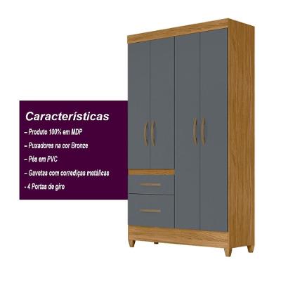 Guarda Roupa Solteiro Madri 4 Portas de Bater 2 Gavetas Freijo - Cinza MDP