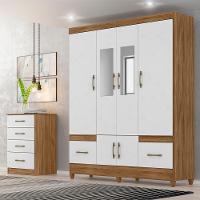 Kit Guarda Roupa Casal Com Espelho Ms 912 + Cômoda Ms 913 Moval - Naturale / Branco - 1
