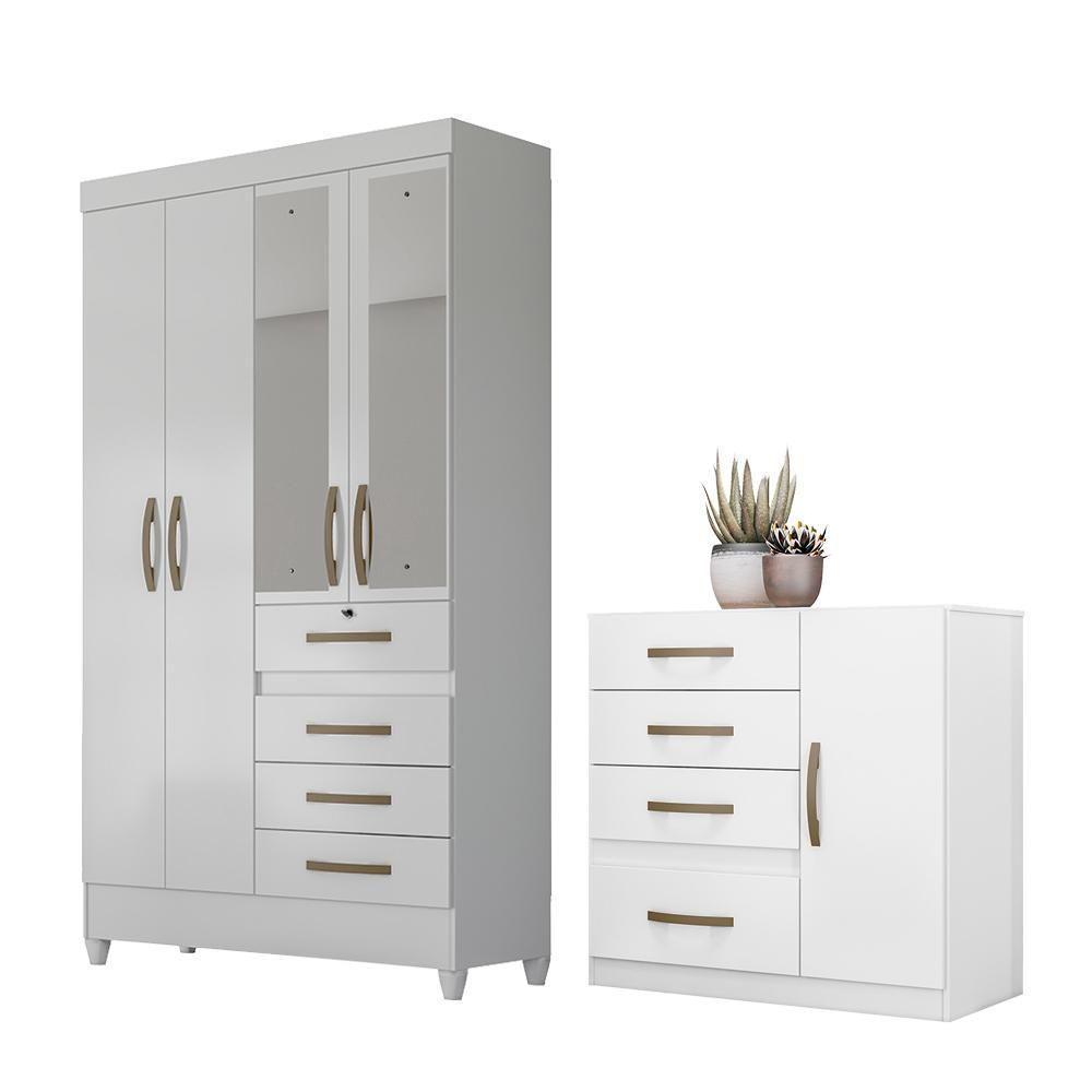 Conjunto Guarda Roupa Com Espelho E Cômoda Seicheles Branco Rosa Azul Lilás - 1